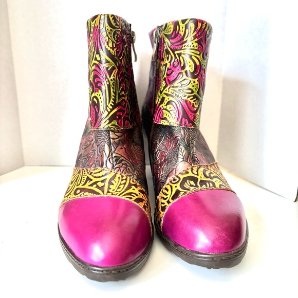 Gorgeous Handmade Multicolor Tooled Leather Floral Med Heel Ankle Boots 38 - Picture 2 of 14